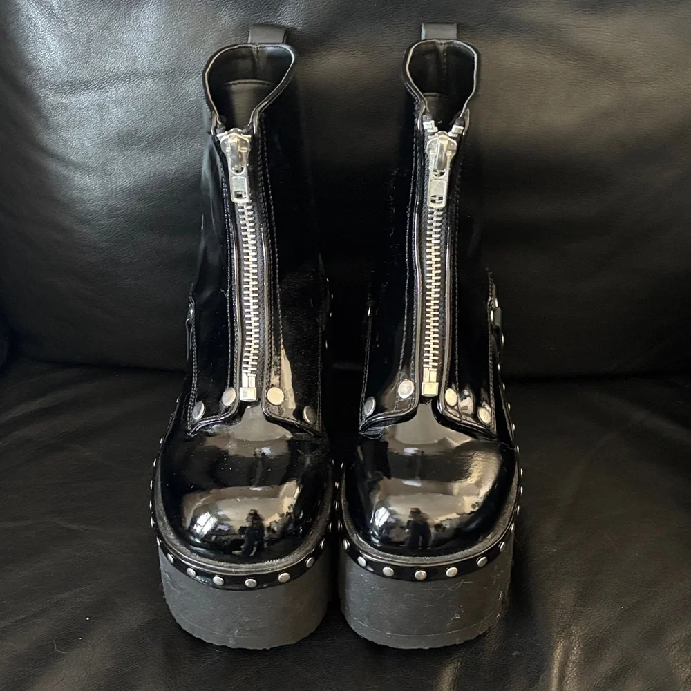 Demonia Ashes 100 Black Patent Faux Leather Combat Boots w/Silver Zipper Sz 9 - Picture 5 of 11